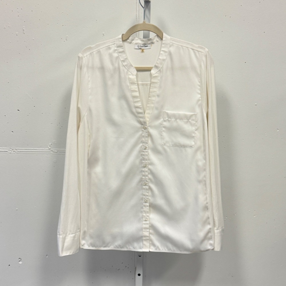 Calvin Klein Women's 0X White Mixed Media Button Front Blouse V-Neck Long Sleeve
